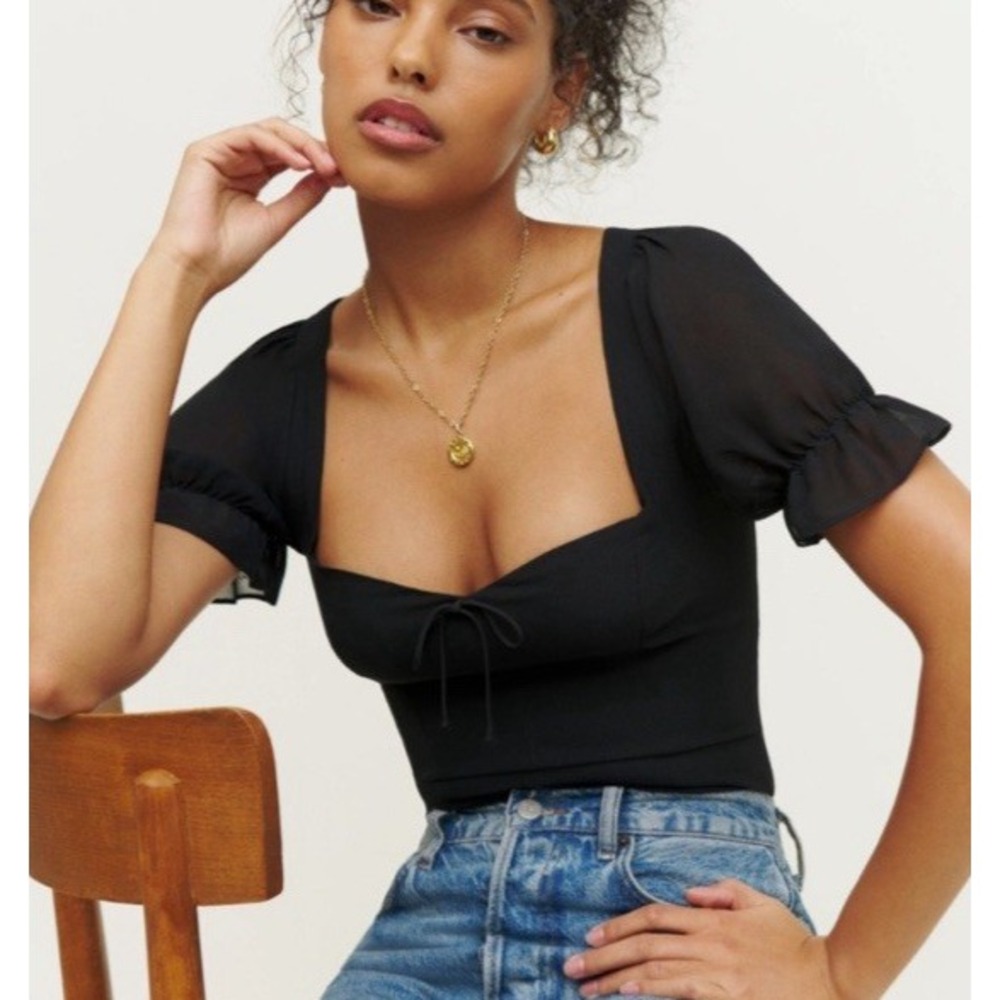 NEW REFORMATION Delevan Top Strings Puffy Sleeves SIZE 12 Shirred Back Tie